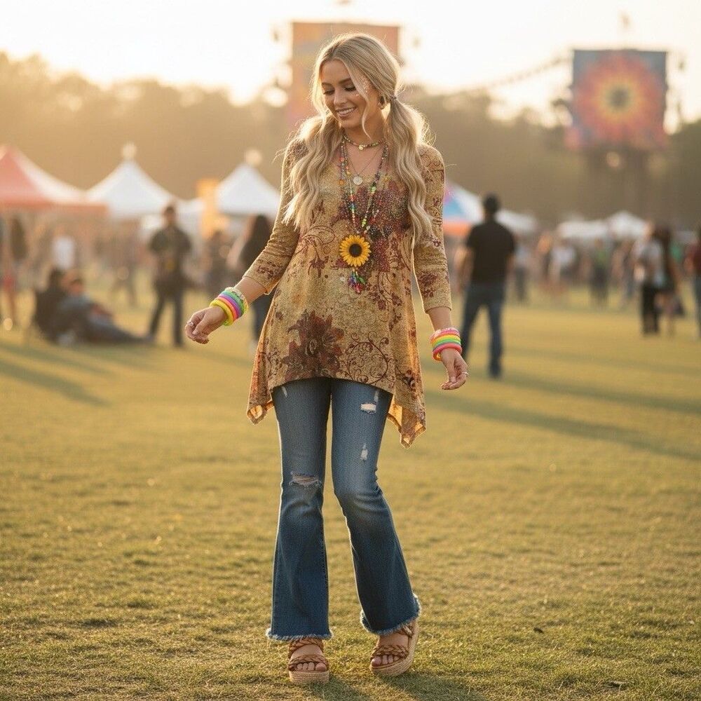 Dressbarn Y2K Embellished Asymmetric Tunic Top sz L Fairy Boho Hippie Festival